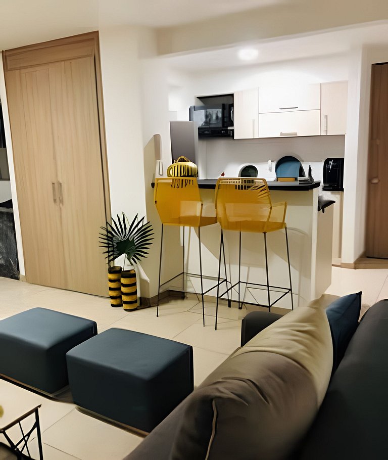 Apartamento con aire, hamaca, piscina y gym
