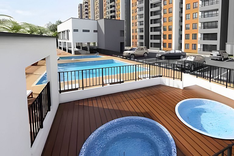Apartamento con aire, hamaca, piscina y gym